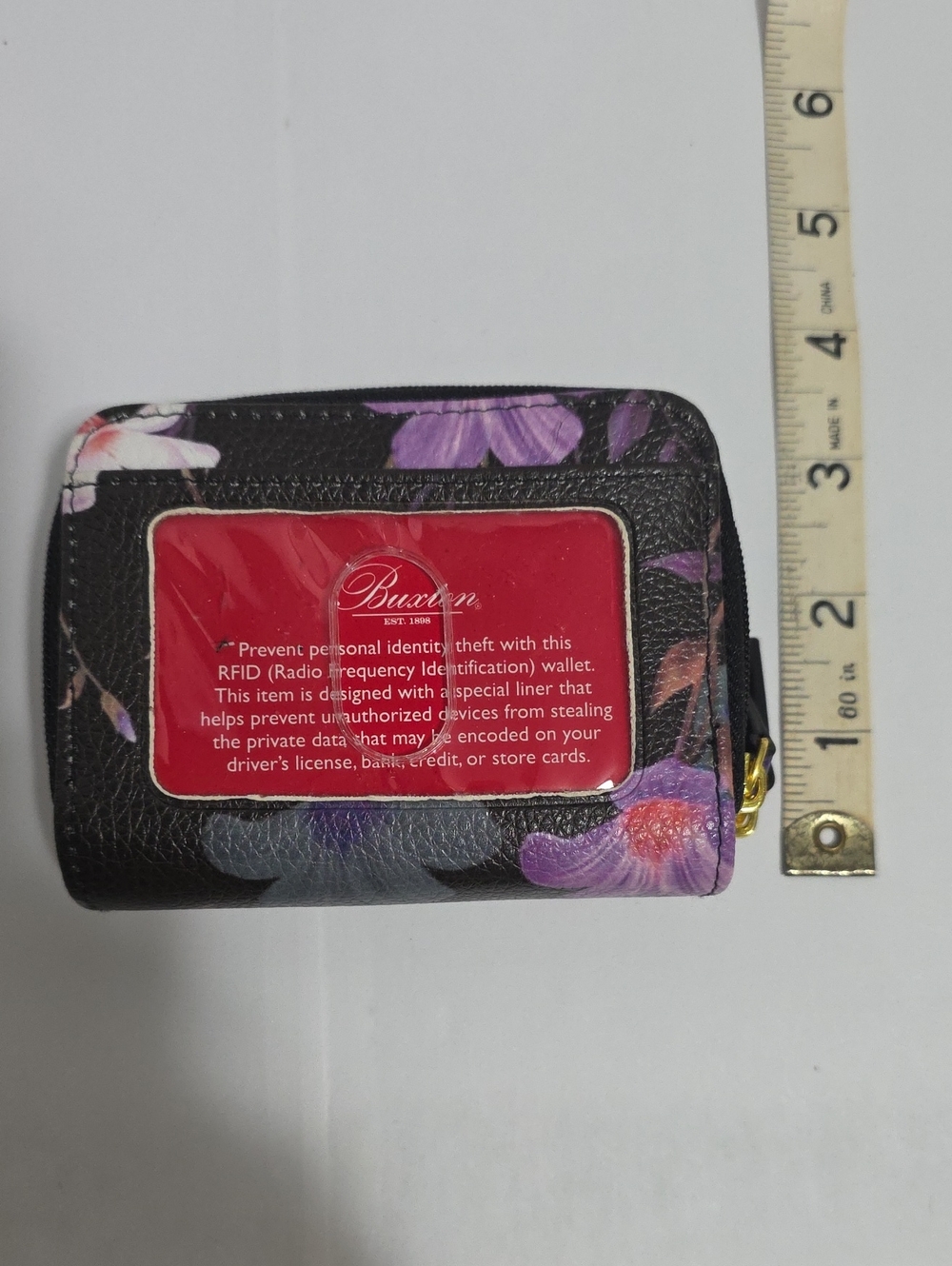 Buxton Black Floral Compact RFID Zip Wallet with Gold Hardware